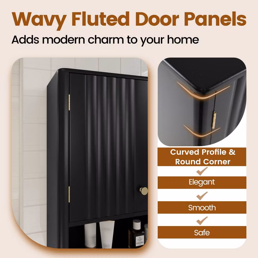 Costway Modern Fluted Black Wall Mounted Double Door Bathroom and Kitchen Cabinet with Internal Shelves – 8