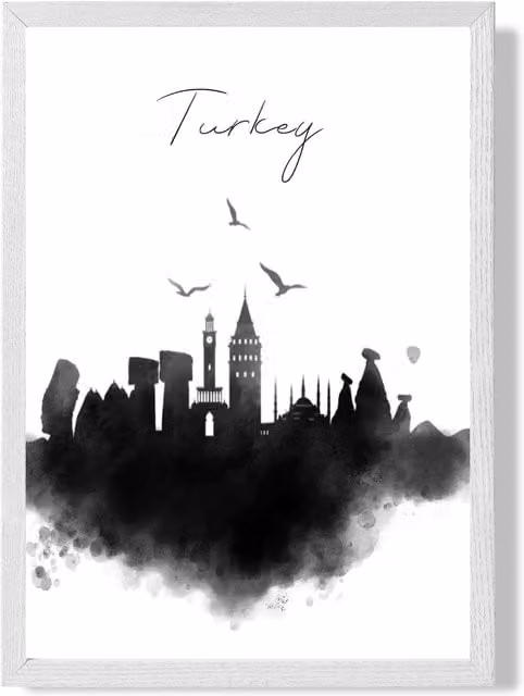 ARTZE Turkey Watercolour Skyline City Framed Print, Black and White, A3 – 1