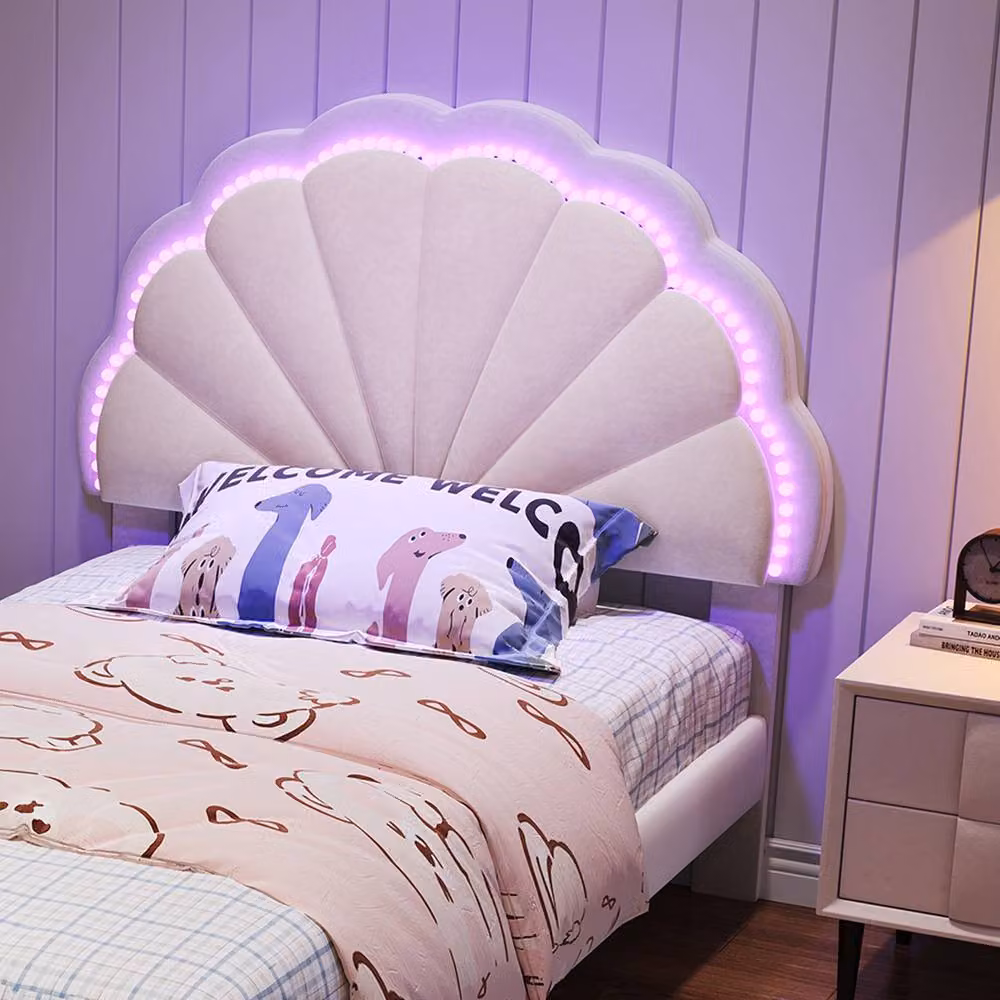 BTM Single Velvet Bed Shell Headboard with LED and Drawer in Beige – 5