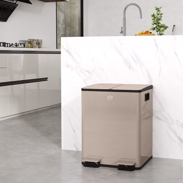HOMCOM 20L Dual Kitchen Pedal Bin with Removable Inner Buckets in Gold Stainless Steel