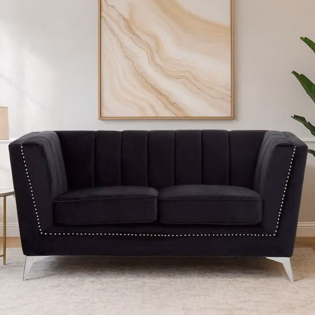 Orsina Hansa Two Seat Velvet Sofa in Black and Silver