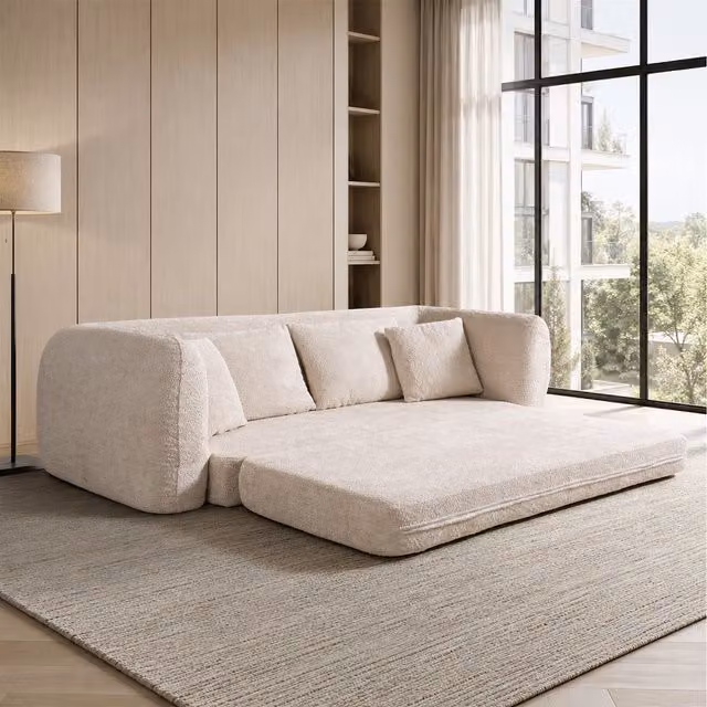 MIMO Beige Pull-Out Loveseat Sofa Bed with Lamb Fleece Fabric and 30D Foam