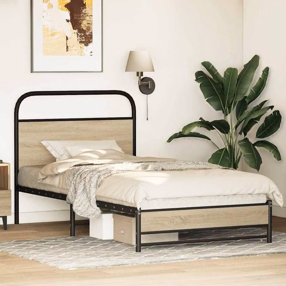 Berkfield Home Bed Frame in Sonoma Oak and Brown Engineered Wood with Metal Accents, W/D/H: 100 x 190 cm – 2
