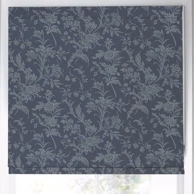 Laura Ashley Lloyd Made to Measure Blackout Roman Blind in Midnight Navy with Leaves and Foliage Pattern