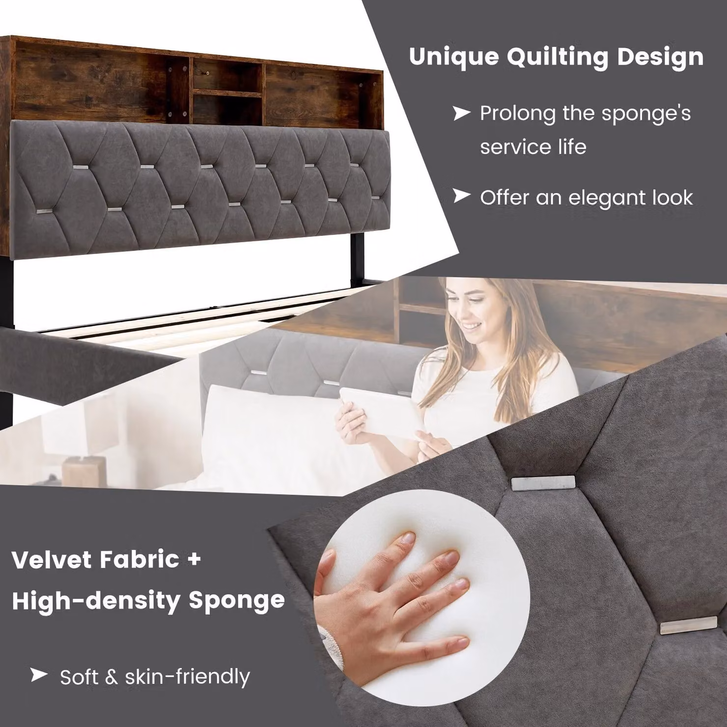 Costway Double Size Upholstered Velvet Platform Bed with Lift Up Storage Base and Headboard in Grey, W/D/H: 140 x 200 cm – 8