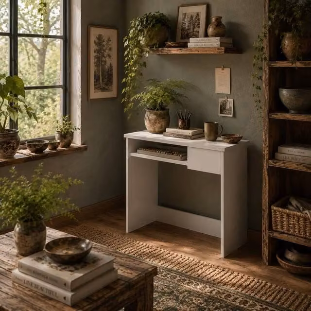 Wyld Haus Samoka White Compact Computer Desk with Keyboard Tray and Drawer – 1