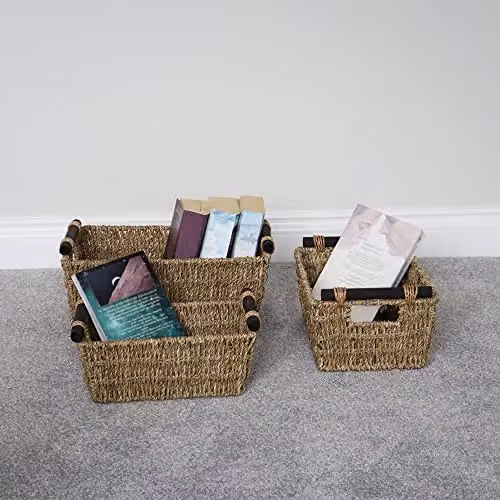 JVL Set of 3 Open Weave Seagrass Tapered Storage Baskets with Wooden Handles in Beige – 3