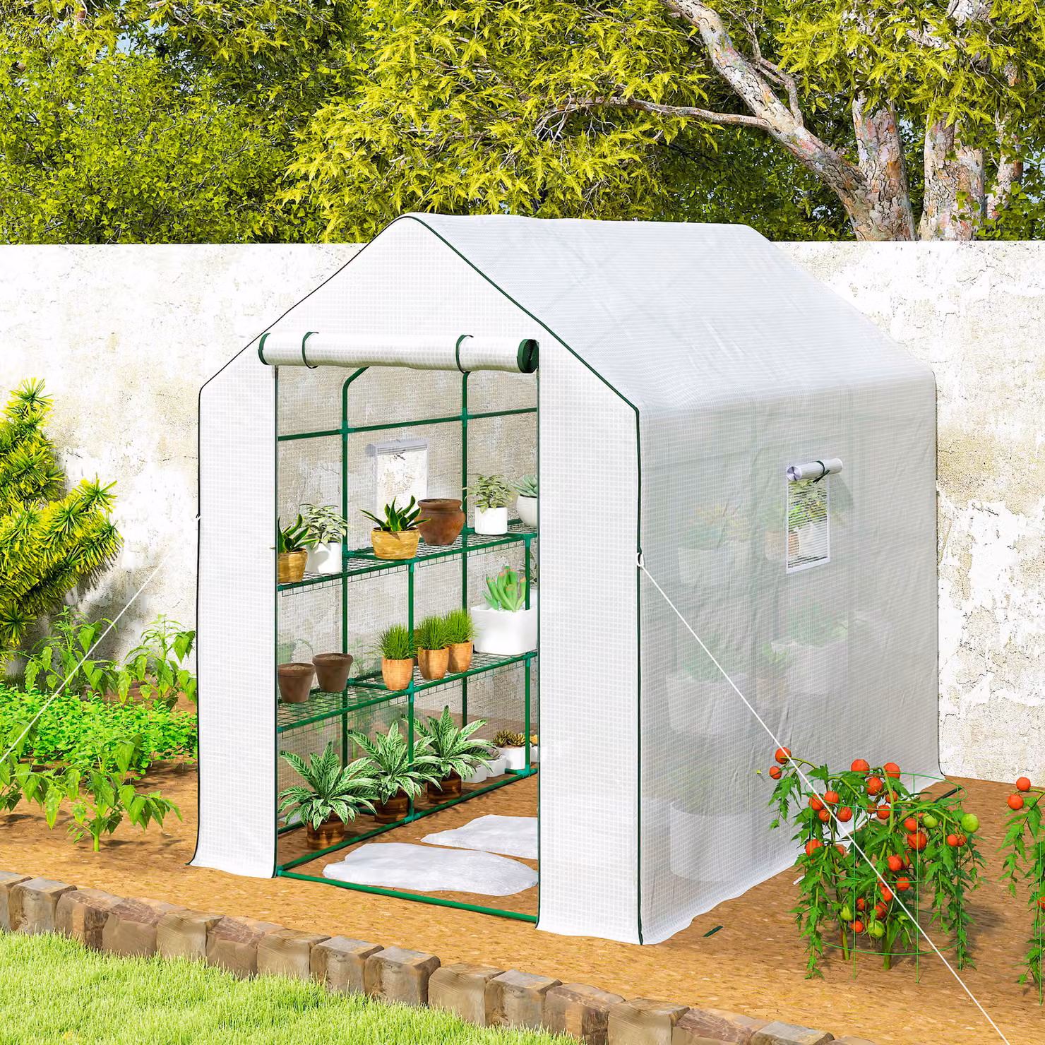 Outsunny Walking Greenhouse with PE Cover, 3 Tier Shelves, Roll-up Door and Mesh Windows, White, W/D/H: 2.0 x 1.4 x 1.9 m – 5