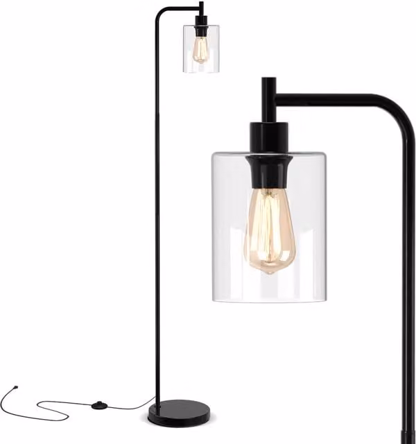 Costway Industrial Floor Standing Lamp with Black Metal Base and Transparent Glass Cylinder Shade