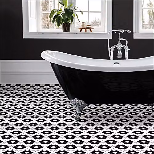 FloorPops FP3931 Biscotto Self-Adhesive Geometric Floral Tile-Look Floor Tiles, Black and White, W/D/H: 30.48 x 30.48 x 0.16 cm – 3