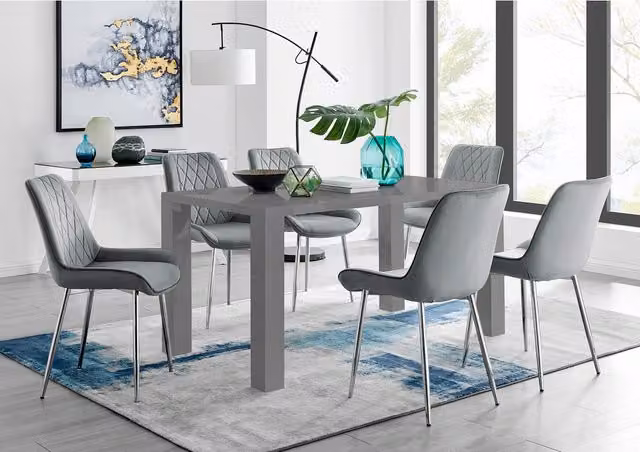 FurnitureboxUK Pivero Grey Rectangular Dining Table with 6 Pesaro Silver Leg Chairs