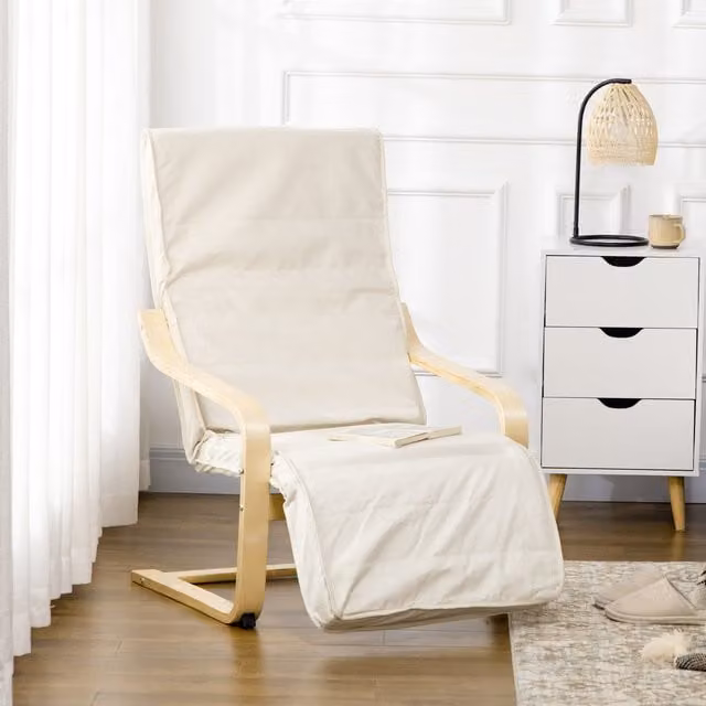 HOMCOM Modern Relax Recliner Lounging Chair with Solid Birch Wood Frame and Fabric Upholstery in Beige and White