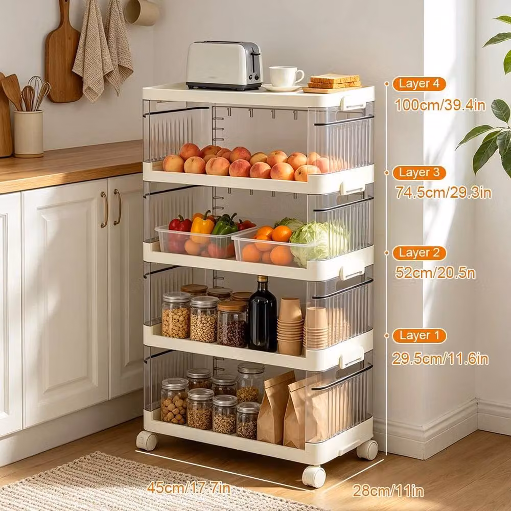 KORVIXA 5 Tier Rolling Storage Trolley with Side Guards in Beige, W: 60 cm, H: 60 cm – 2