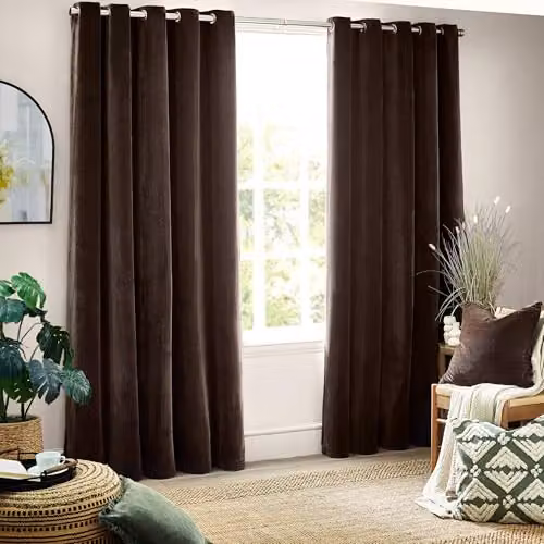 Riva Home Brown Chenille Velvet Eyelet Curtains, Pair, H 229 cm x W 137 cm – 2