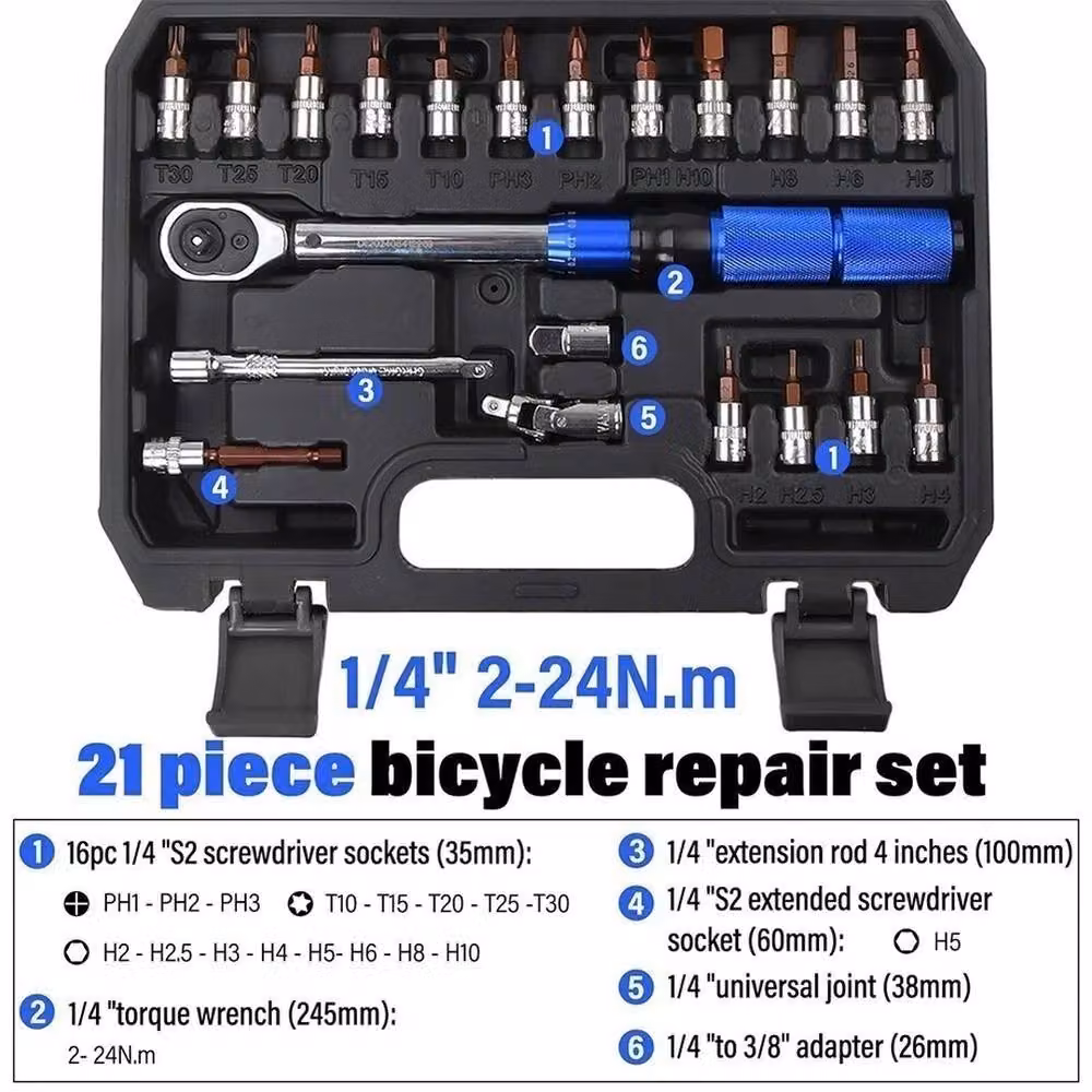 Nordara 21x MTB Bike Preset Torque Wrench in Blue, 1/4" and 3/8" Drive, 2-24 Nm – 6