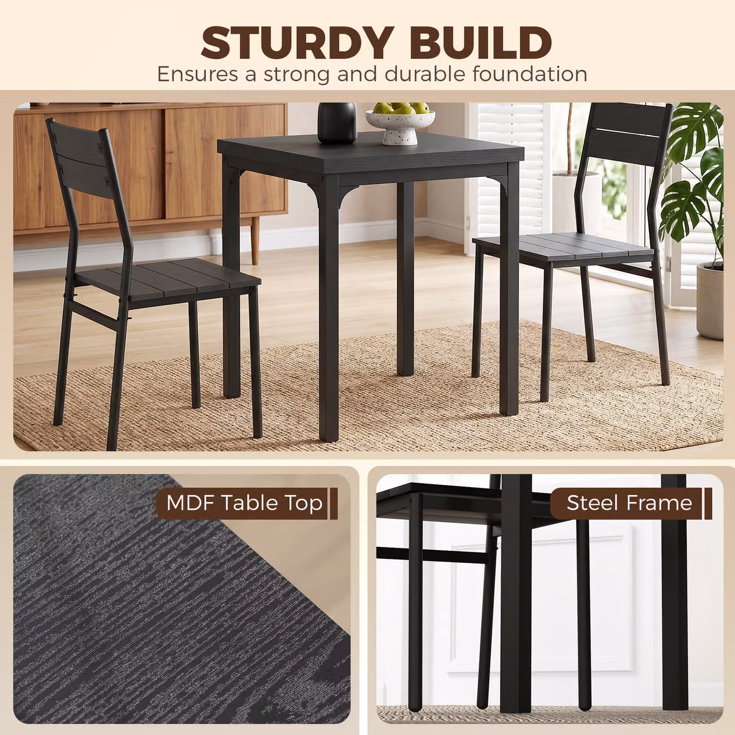 HOMCOM 3 Piece Modern Kitchen Dining Table and Chairs Set in Black Wood Effect with Metal Legs – 5