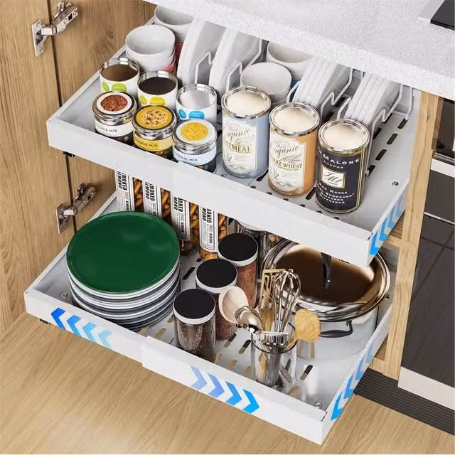 Nordara White Metal Pull Out Kitchen Cabinet Organizer and Slide Out Storage Shelf