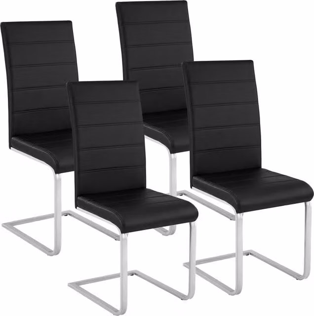 tectake Set of 4 Black Synthetic Leather Cantilevered Dining Chairs with Metal Base
