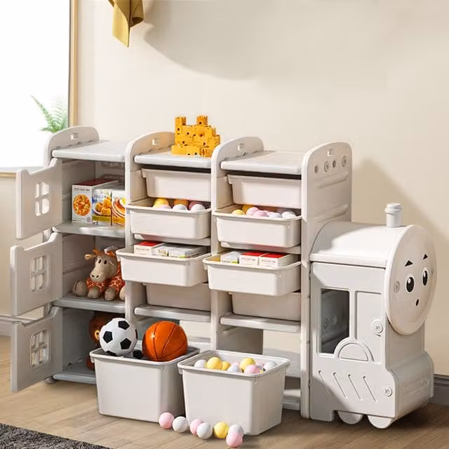 Livingandhome Train Shape Toy Storage Rack for Children in Beige and White, H 129 x W 85 x D 33 cm