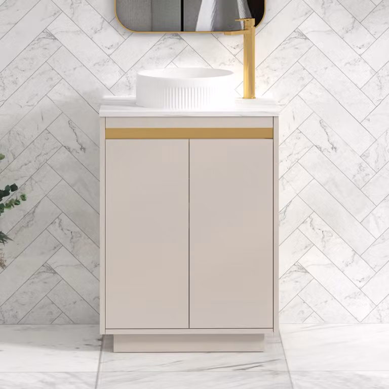 Royal Bathrooms Orion 800mm Warm Taupe Floor Standing Countertop Vanity Unit with 2 Soft Close Doors, Round Basin and Brushed Brass Accent Trim