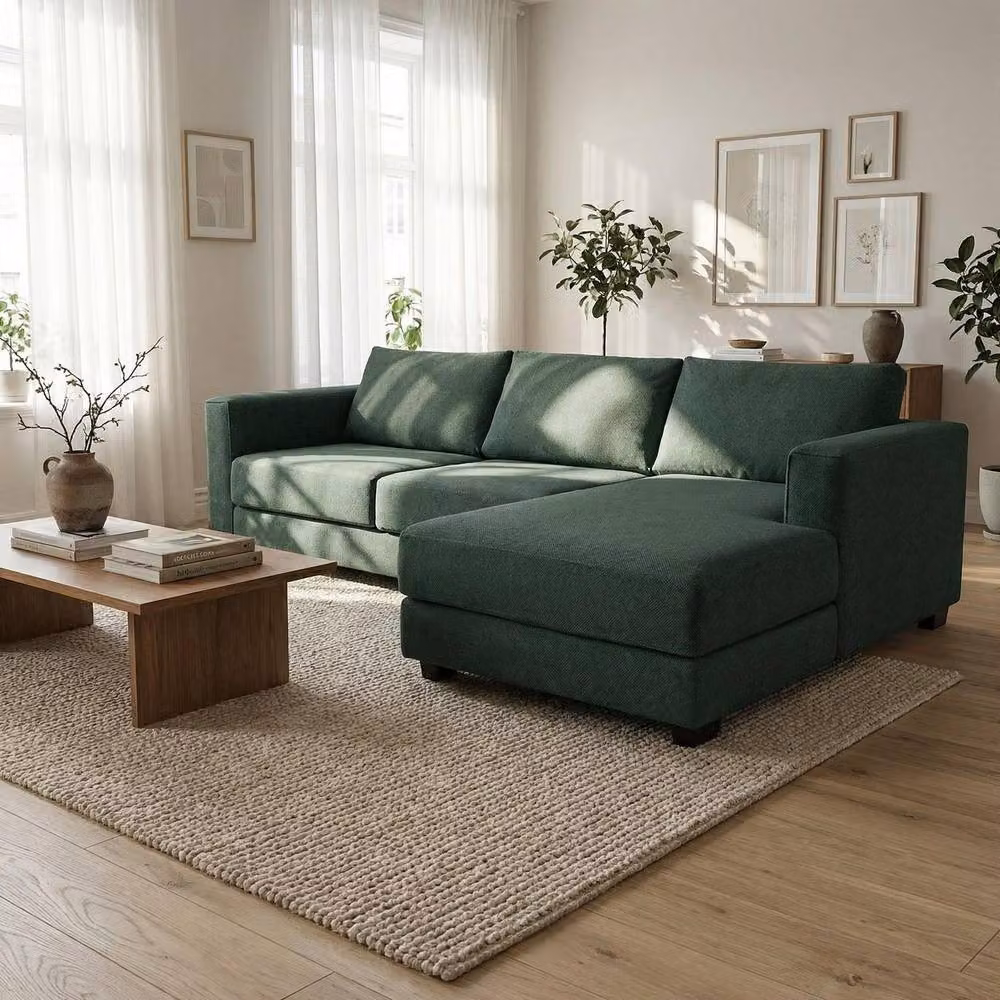 Abakus Direct Kaizer L-Shaped Corner Sofa in Green Bouclé Fabric, Right Facing – 2