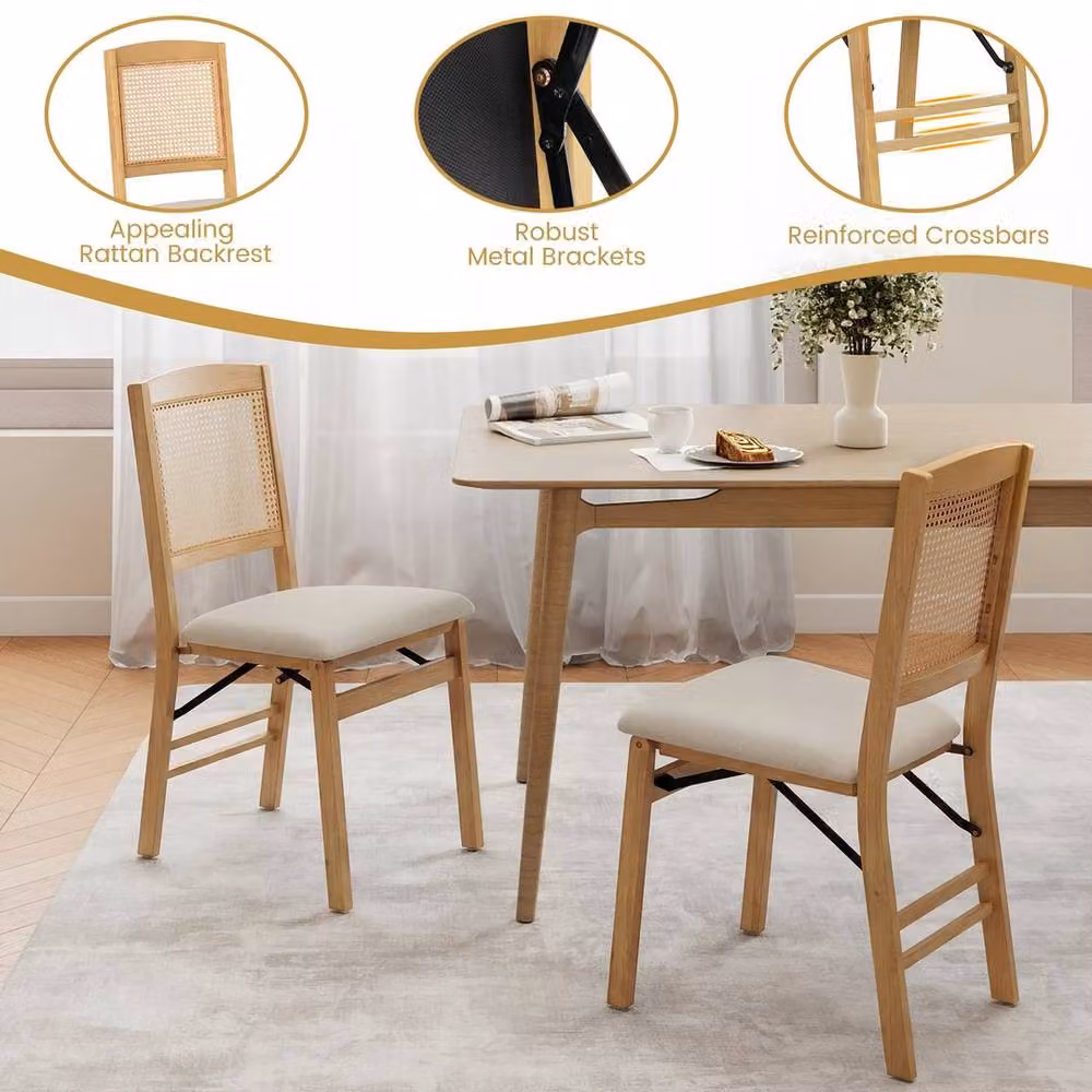Kelvenix Set of 2 Rustic Beige Wooden and Rattan Folding Chairs – 2