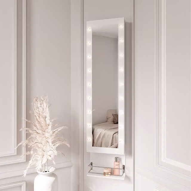 CARME White Modern Wall Mounted Jewellery Cabinet with LED Lighting and Mirror Door