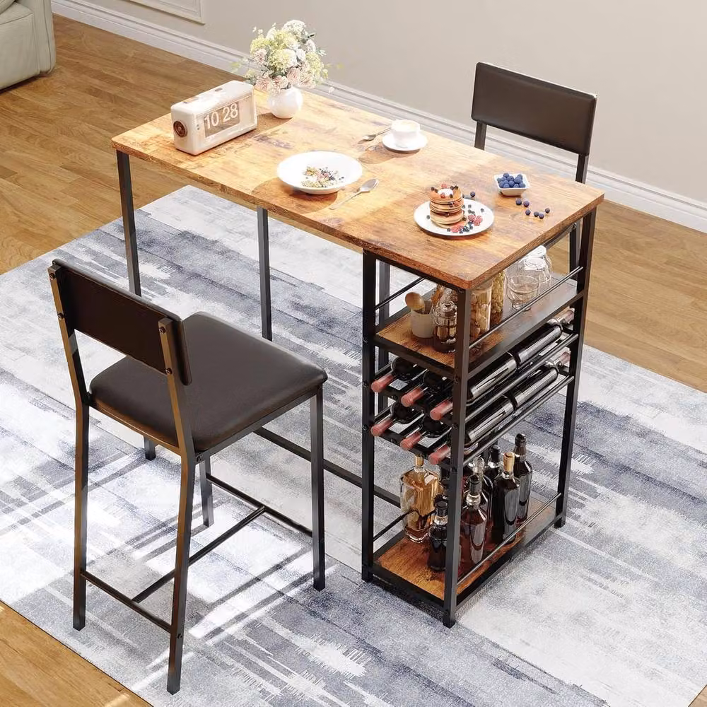 London Boutique 3-Piece Counter Height Dining Table Set with 2 Chairs and Storage Shelves in Brown – 4