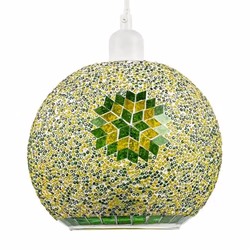 Happy Homewares Green and Yellow Mosaic Glass Artisanal Sphere Pendant Ceiling Light Shade – 1