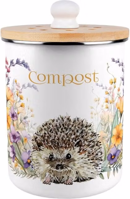 Purely Home Floral Hedgehog Metal Compost Caddy with Flip Lid, 2L, Brown and White