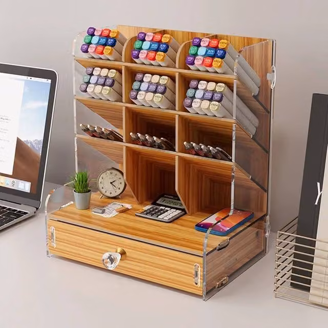 VOGREX Beige Wooden Artists Desk Organiser with Drawer and Multi-Compartment Marker Storage – 1