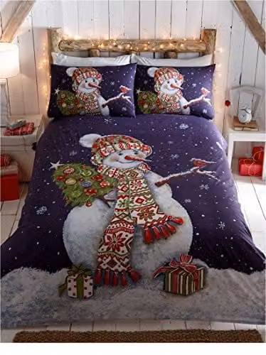 Portfolio Home Happy Snowman Christmas Bedding Set, Blue and White, Duvet Cover 90 x 200 cm and 1 Pillowcase