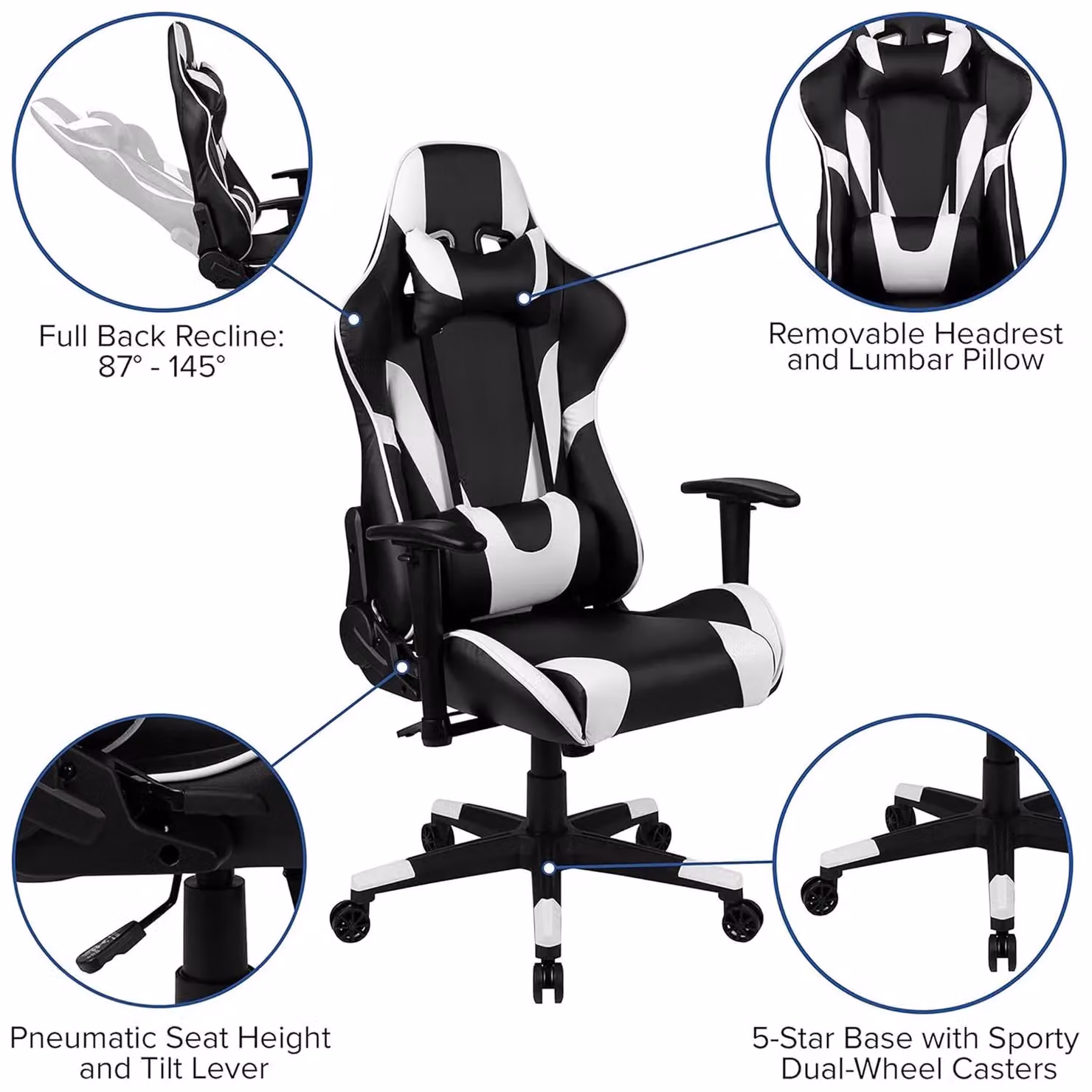 FWStyle Black and White Faux Leather Bucket Seat Racer Gaming Chair with Headrest and Armrests – 2
