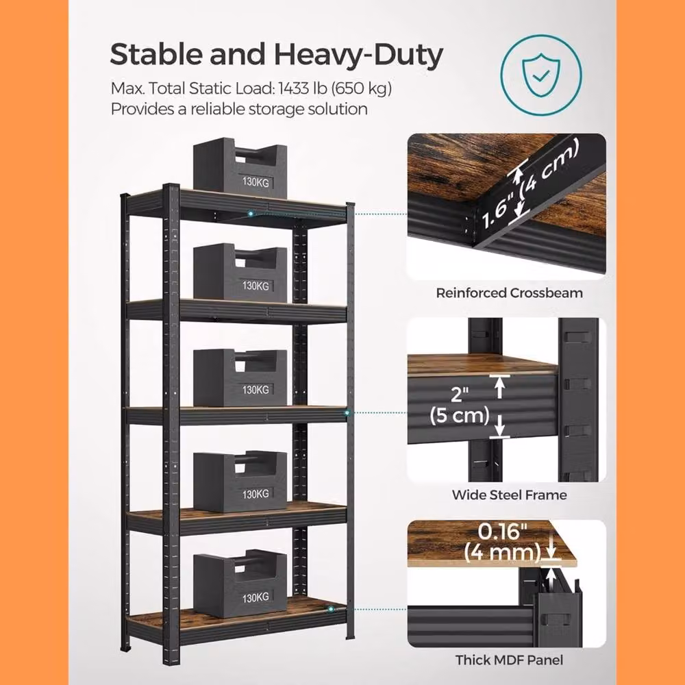 FORGEVIO Heavy Duty Industrial Shelving Unit with Adjustable Shelves in Matt Black – 3