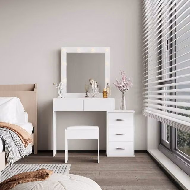 Home Source 5 Drawer Dressing Table with Hollywood LED Lighting Mirror and Stool in White – 1