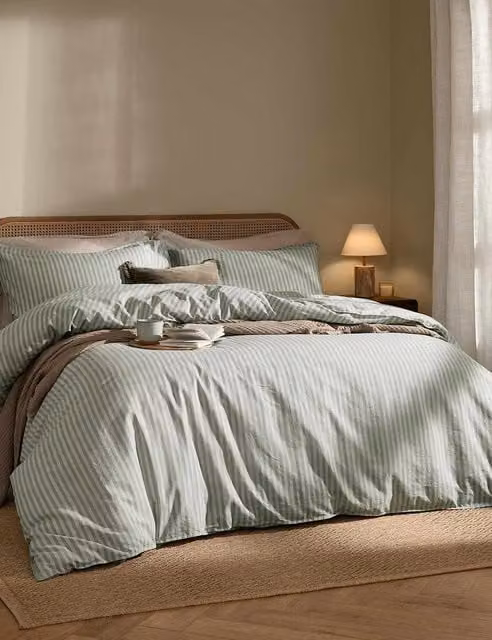 YARD Marlow Striped Pure Cotton Duvet Cover in Sage Green Mix