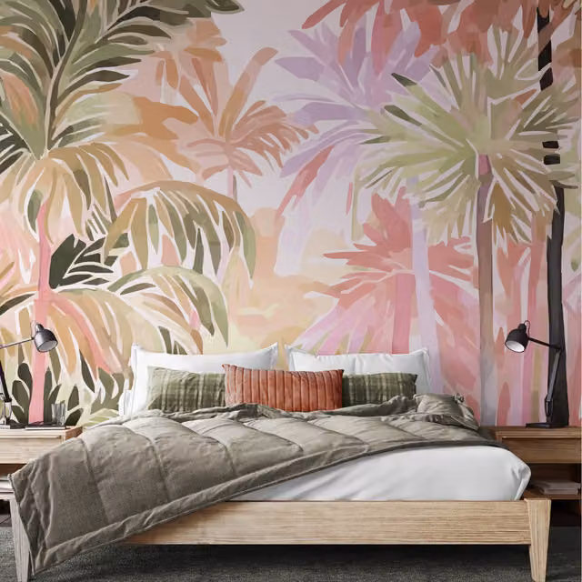 Origin Murals Pretty Palms Floral Wall Mural in Natural Blush and Pink, Large