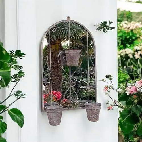 Minster Rustic Metal Wall Mirror with Triple Planter in Grey, W: 45 cm, D: 15 cm, H: 78 cm – 1