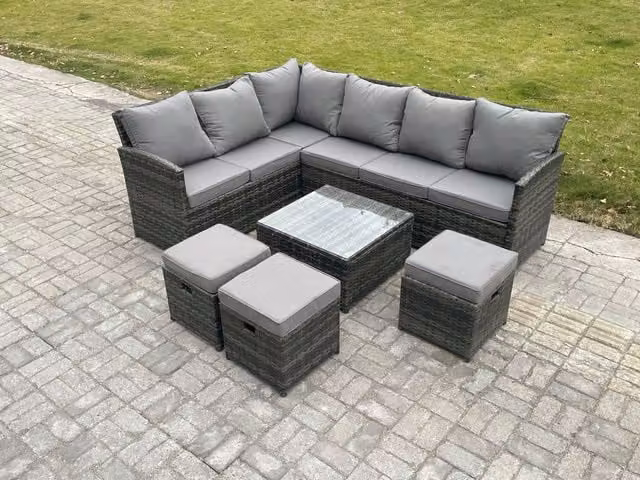 Fimous 9 Seater Outdoor Garden Furniture Set with PE Rattan Corner Sofa, Square Coffee Table and 3 Footstools in Dark Grey