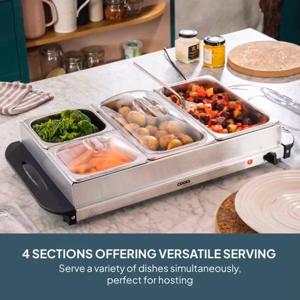 Cooks Professional 4-Section Buffet Warmer in Silver with Hotplate Function and Adjustable Temperature, 7.2L – 4