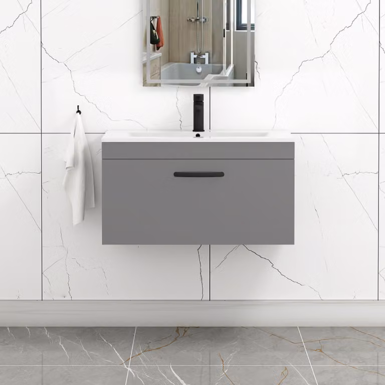Royal Bathrooms Turin 800mm Wall Hung Vanity Sink Unit in Indigo Grey Gloss with Matt Black Handle