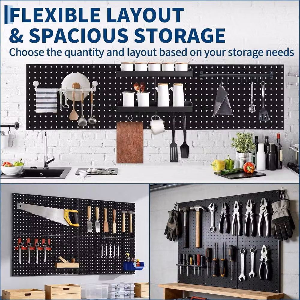 London Boutique 4-Piece Modular Metal Wall Mounted Pegboard Tool Organiser, Black, W/D/H: 60 x 60 x 60 cm – 4