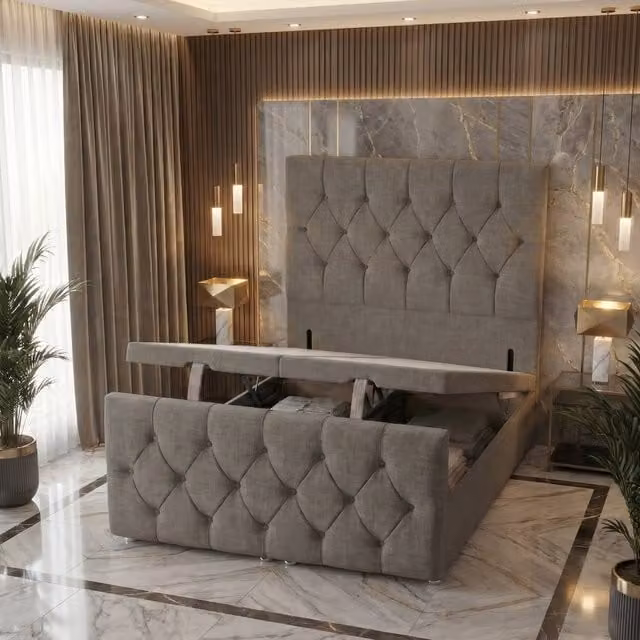Somnior Ziggy King Size Storage Ottoman Divan Base with 54 inch Headboard and 22 inch Footboard in Silver Grey Linen