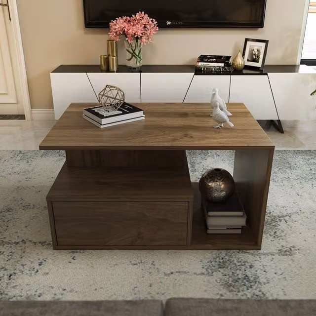 Decorotika Mana Modern Rectangular Coffee Table with Cabinet Storage and Open Shelves in Dark Brown