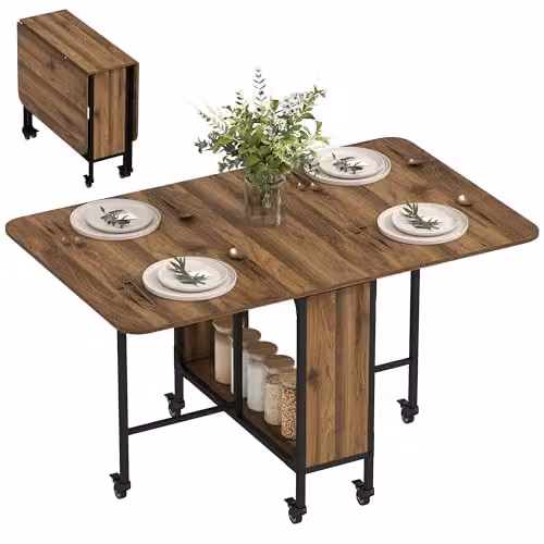 HOMCOM Mobile Folding Dining Table for 6, Brown Wood Grain Drop Leaf Extendable Design with Castors, W/D/H: 130 x 80 x 74 cm