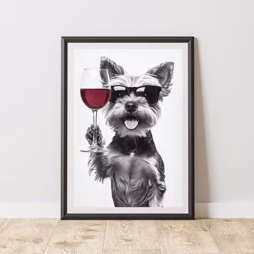 60 Second Makeover Yorkshire Terrier Drinking Wine Paper Poster, Black and White, A4