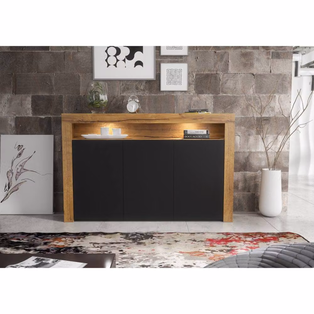 Mex Furniture LTD Aether Sideboard in Dark Oak and Black Matt with Integrated LED Lighting, W: 155 cm, H: 92 cm, D: 40 cm – 2