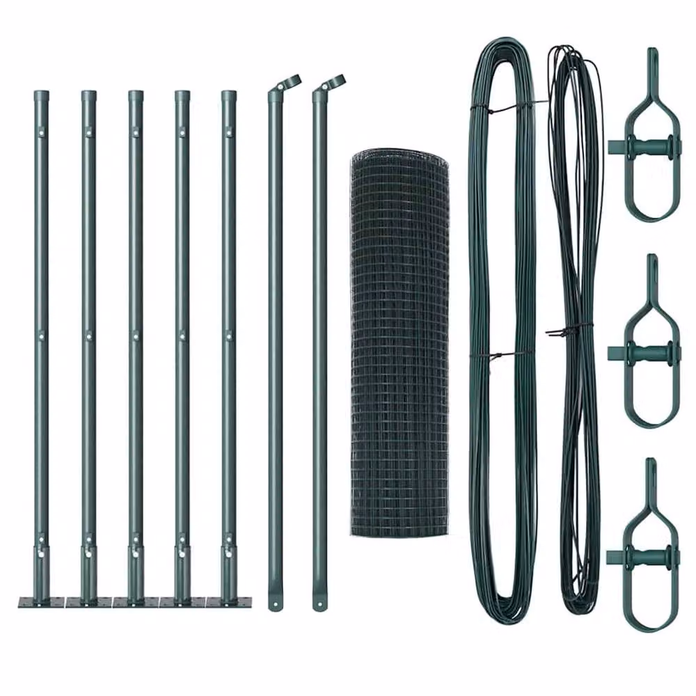 Berkfield Home Green Powder-Coated Steel Welded Wire Fence with 7 Flanged Posts, W: 10 m, H: 0.6 m – 3