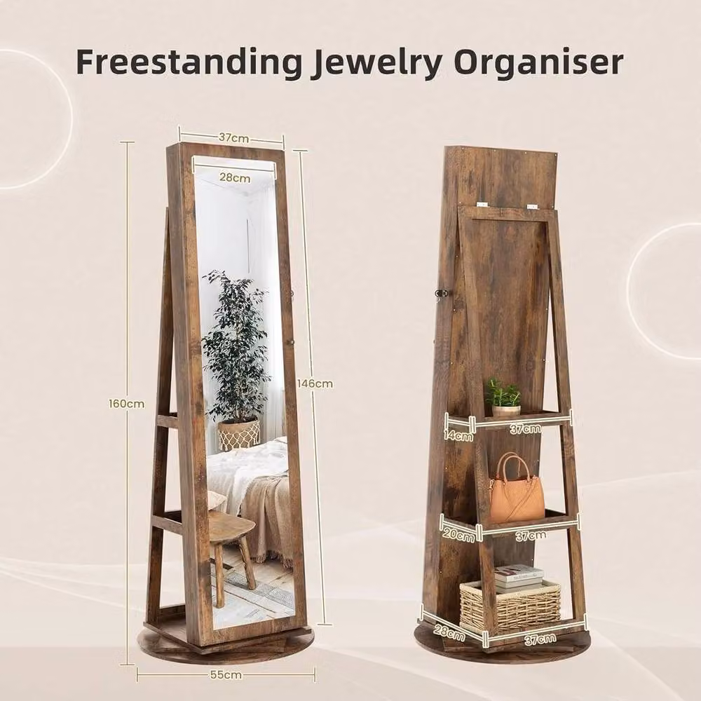 PAWNORA Rustic Brown Wood Jewelry Storage Cabinet with Mirror and Internal Shelves and Drawers – 2
