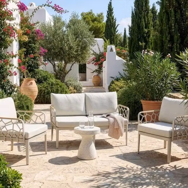 Wyld and Coco Convertible 4-Seater L-Shape Garden Sofa Set with Beige Upholstered Olefin Cushions – 1